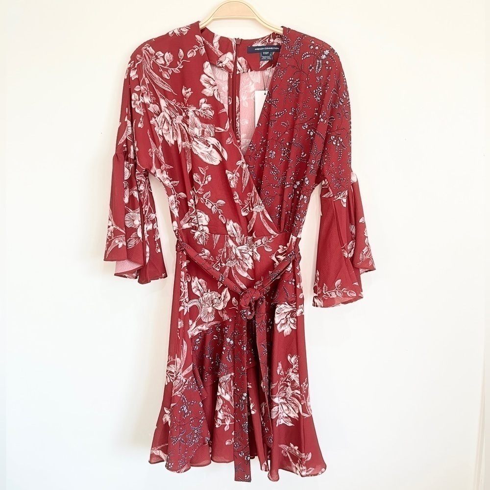 FRENCH CONNECTION Ellette Crepe Floral-print Faux-wrap Dress SIZE4